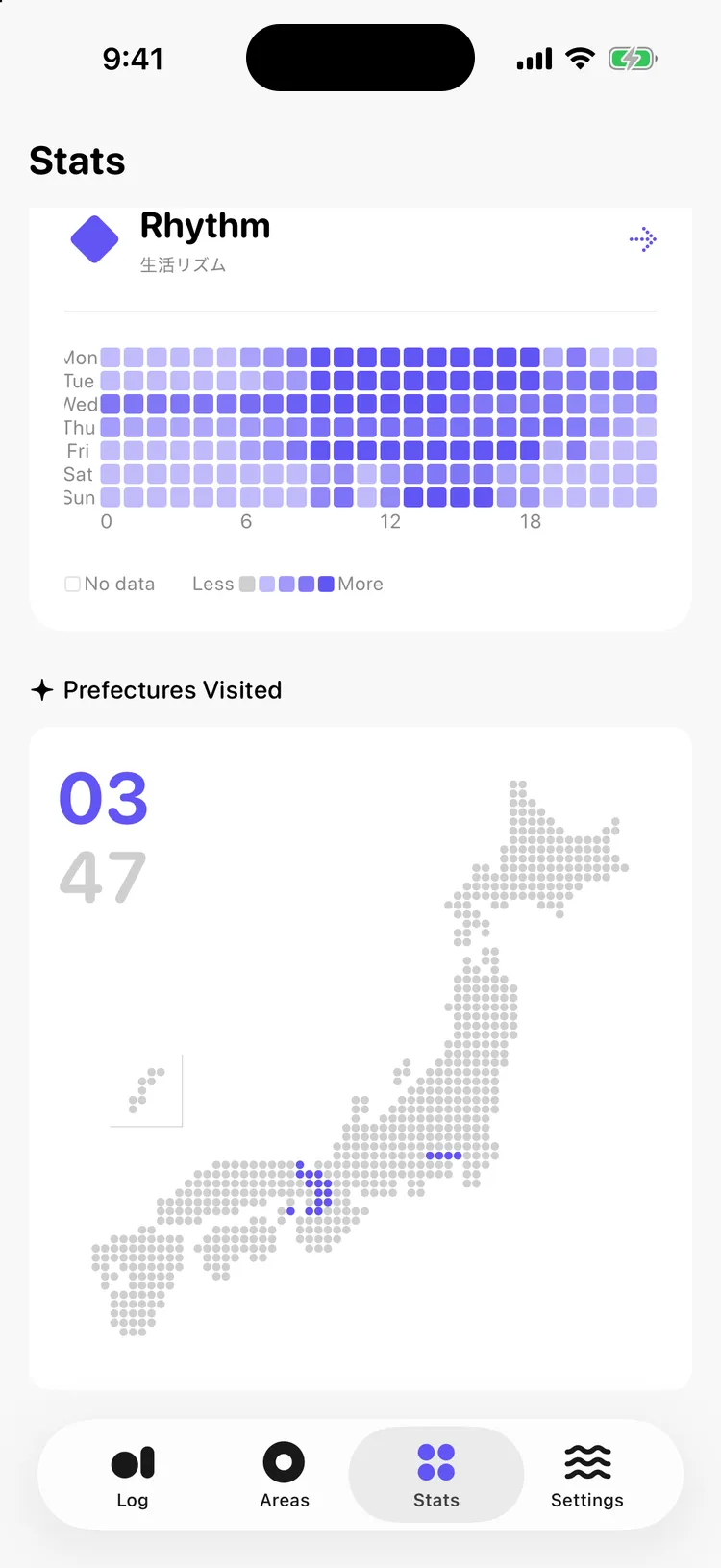 The Daily Rhythm heat map and the dotted map of visited prefectures