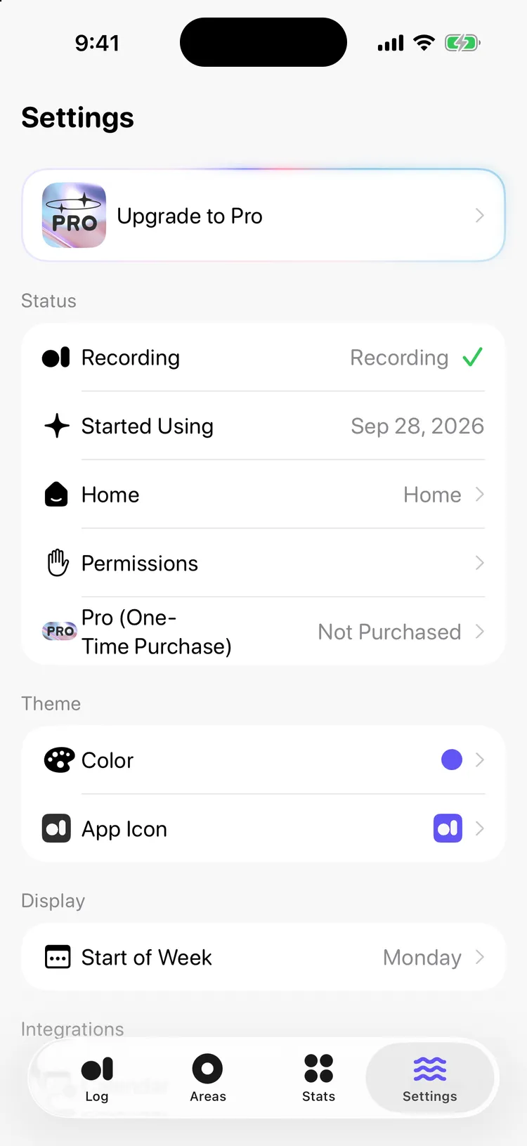 The Settings screen showing recording status and the date you started