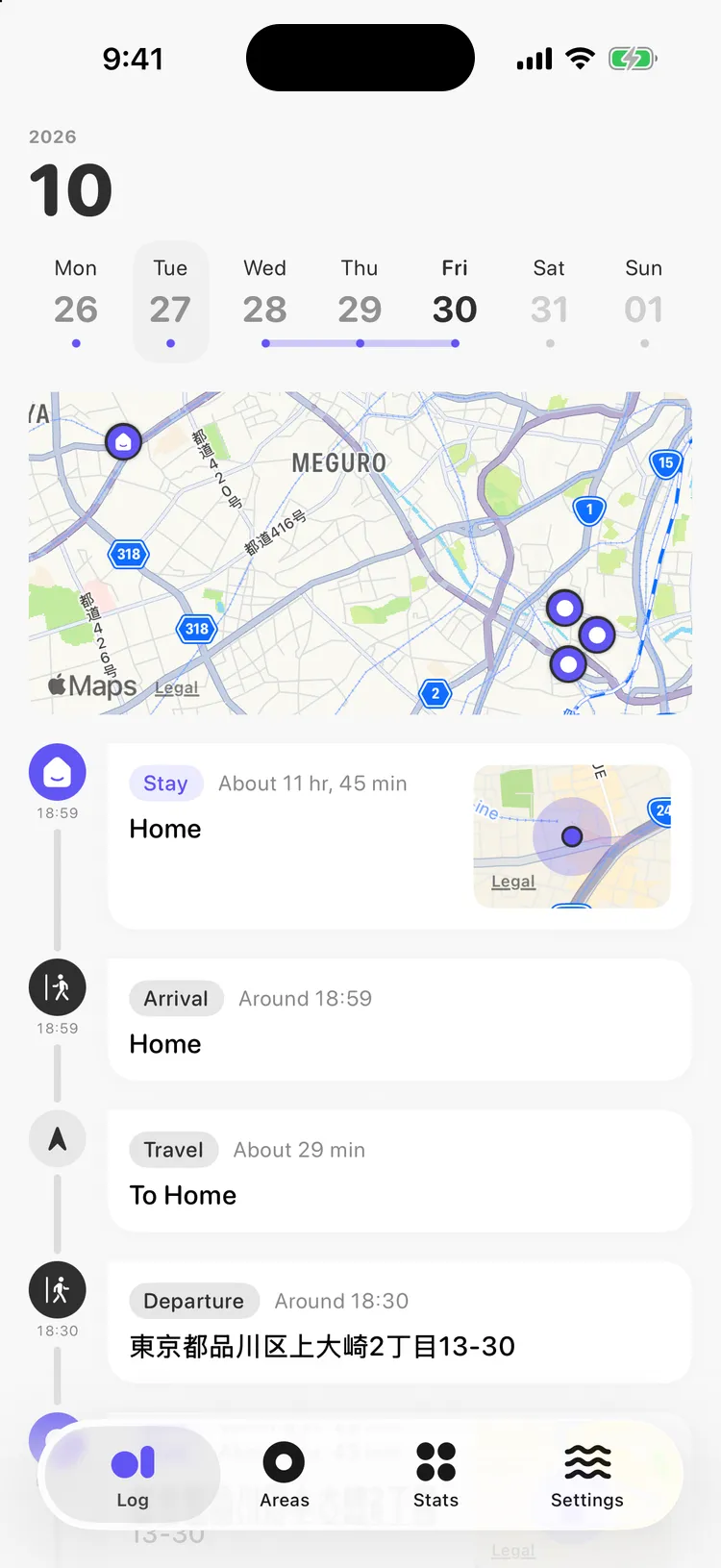 The Log screen: a map pinning the day’s stays above a timeline of stays and trips